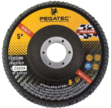 Круг лепестковый PEGATEC 125х22 для нержавеющей стали, зернистость 60 Т27 арт. PSRFD125ZA-60