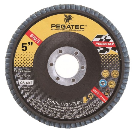 Круг лепестковый PEGATEC 125х22 для нержавеющей стали, зернистость 40 Т29 арт. PSRFD125ZA-40-T29